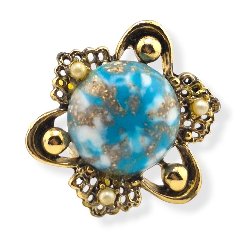 Vintage Gold Tone Adjustable Cocktail Ring Faux Turquoise Art Glass Pearl 6-11